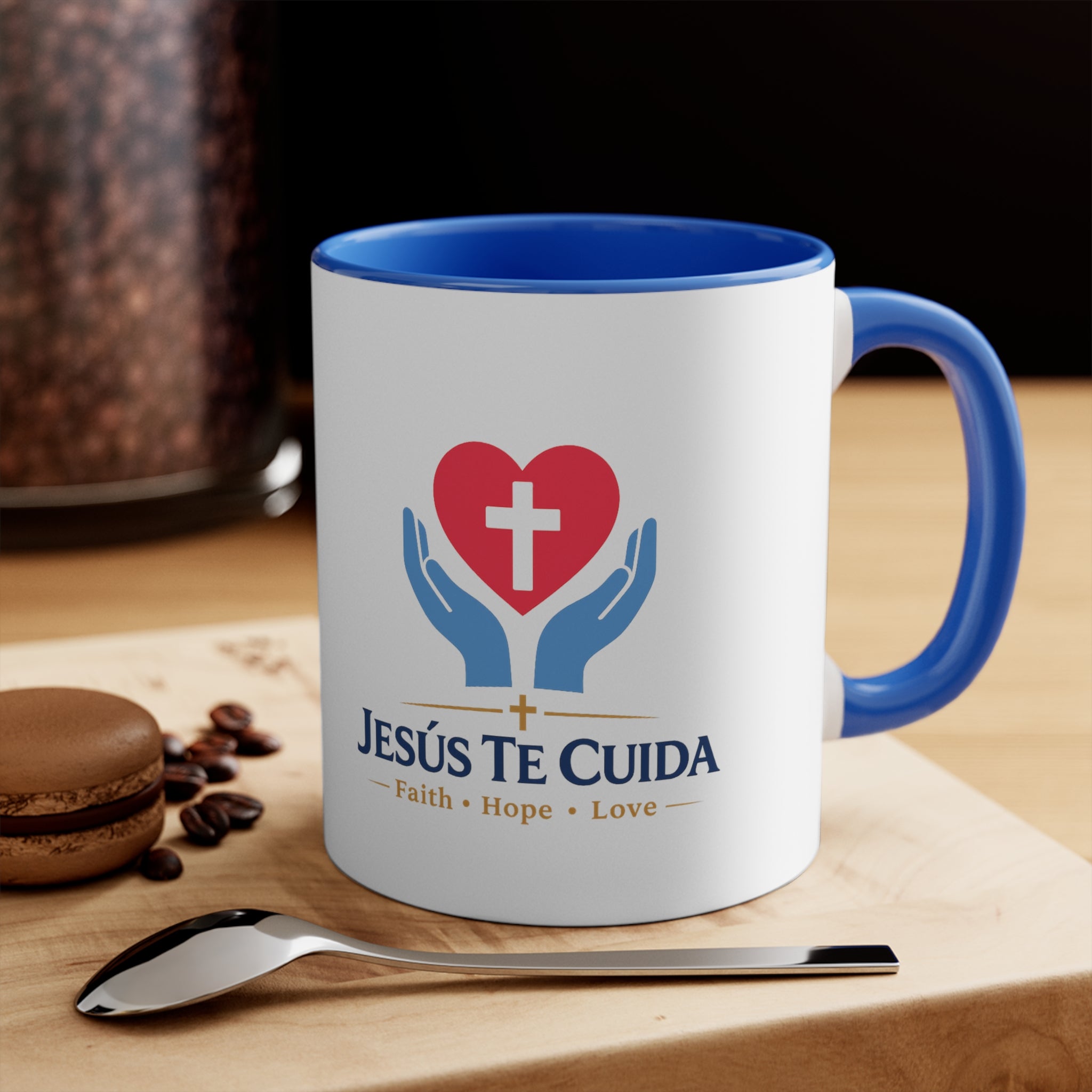 Jesús Te Cuida Faith Mug — Spanish Christian Coffee Mug (Faith • Hope • Love)