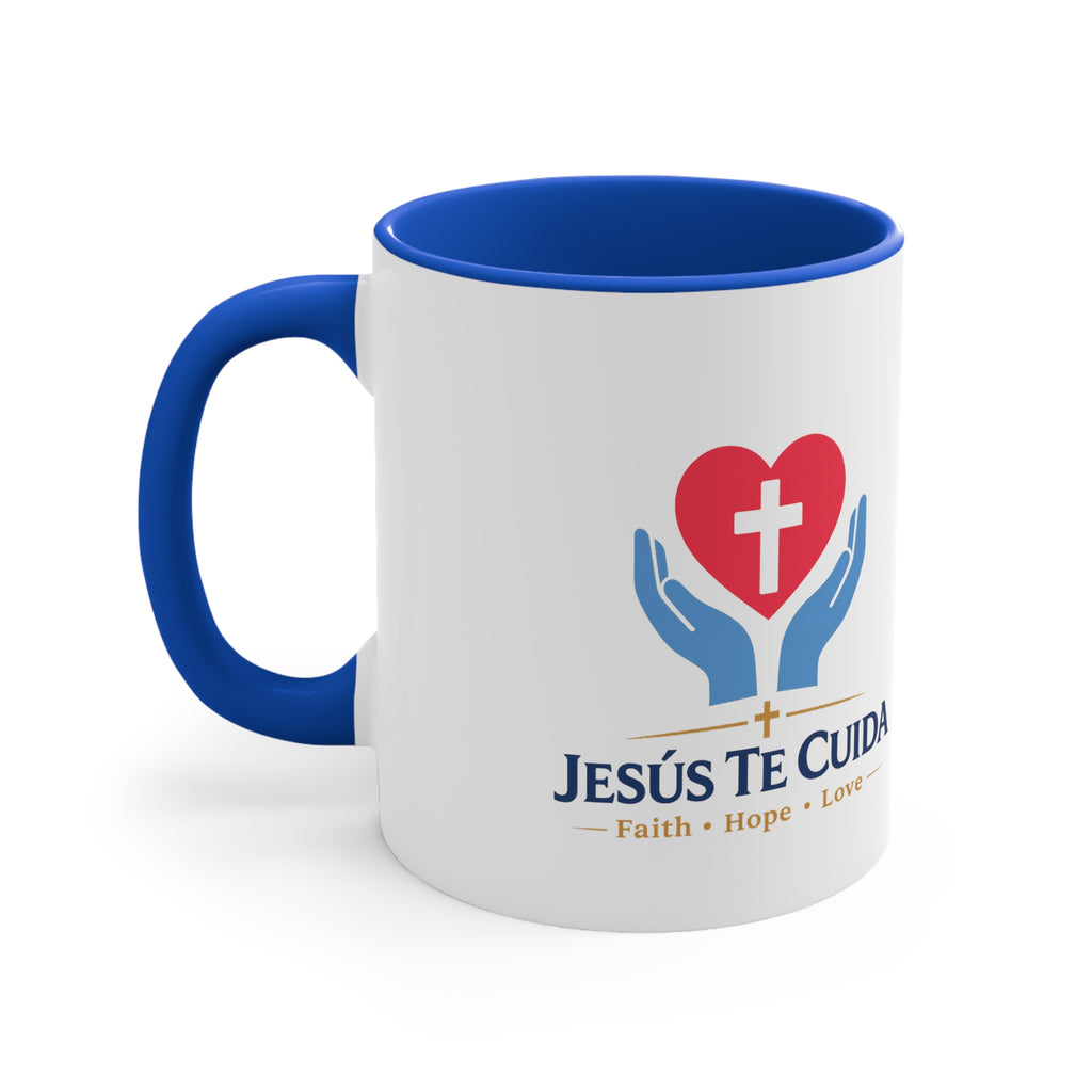 Jesús Te Cuida Faith Mug — Spanish Christian Coffee Mug (Faith • Hope • Love)
